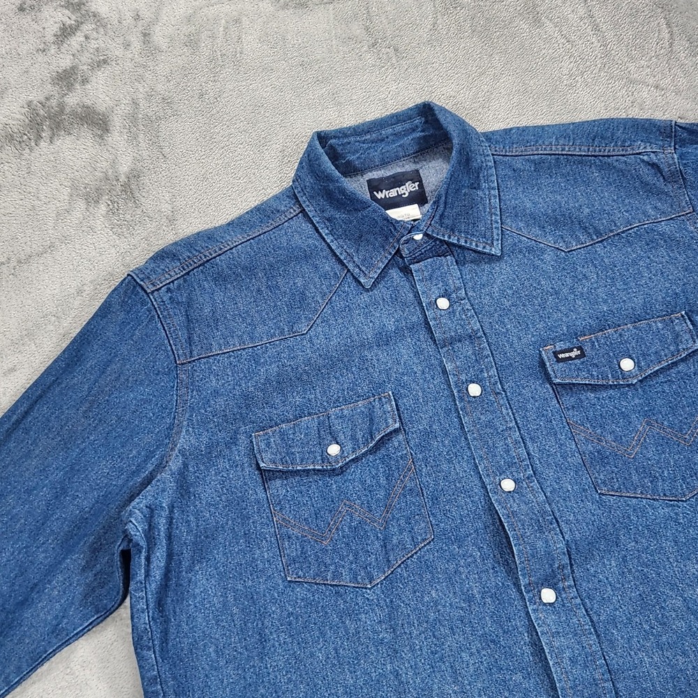 Wrangler Shirt Mens XL Blue Denim Western Pearl Snap Long Sleeve Cowboy Workwear - Picture 6 of 13